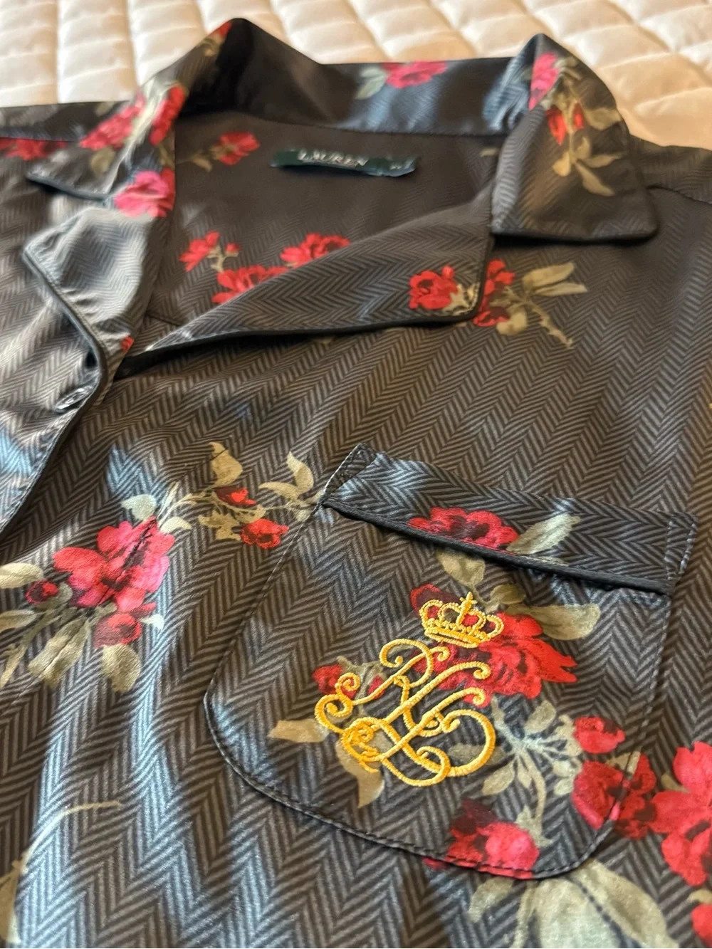 Lauren Ralph Lauren Satin Long Pajama Set Gray Herringbone Red Floral 2X